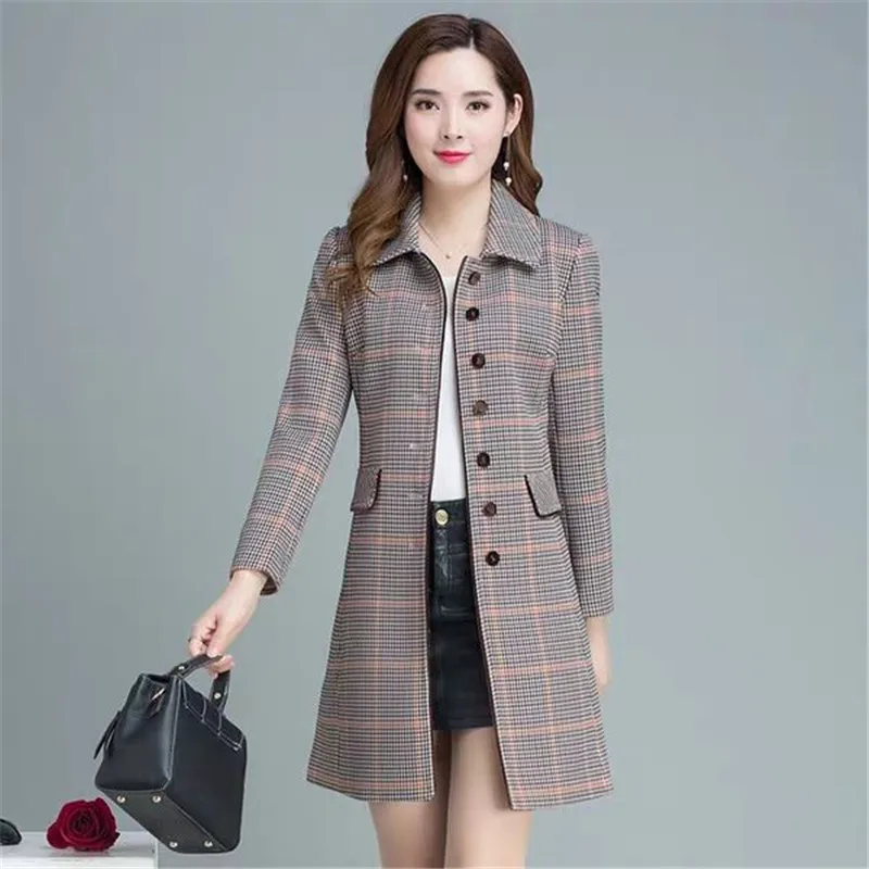 Women Plaid Wool Coat New Autumn Winter Jacket Mid-Long Slim  Ladies Single Breasted Elegant Woolen Coats Outerwear Female Tops