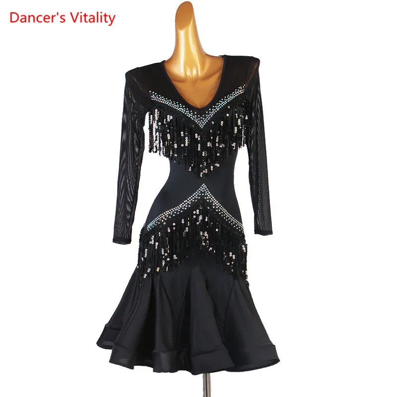 

Latin Dance Dress V-Neck Mesh Sequins Skirt Profession Clothes Performance Custom Female Adult Child Competition Clothing