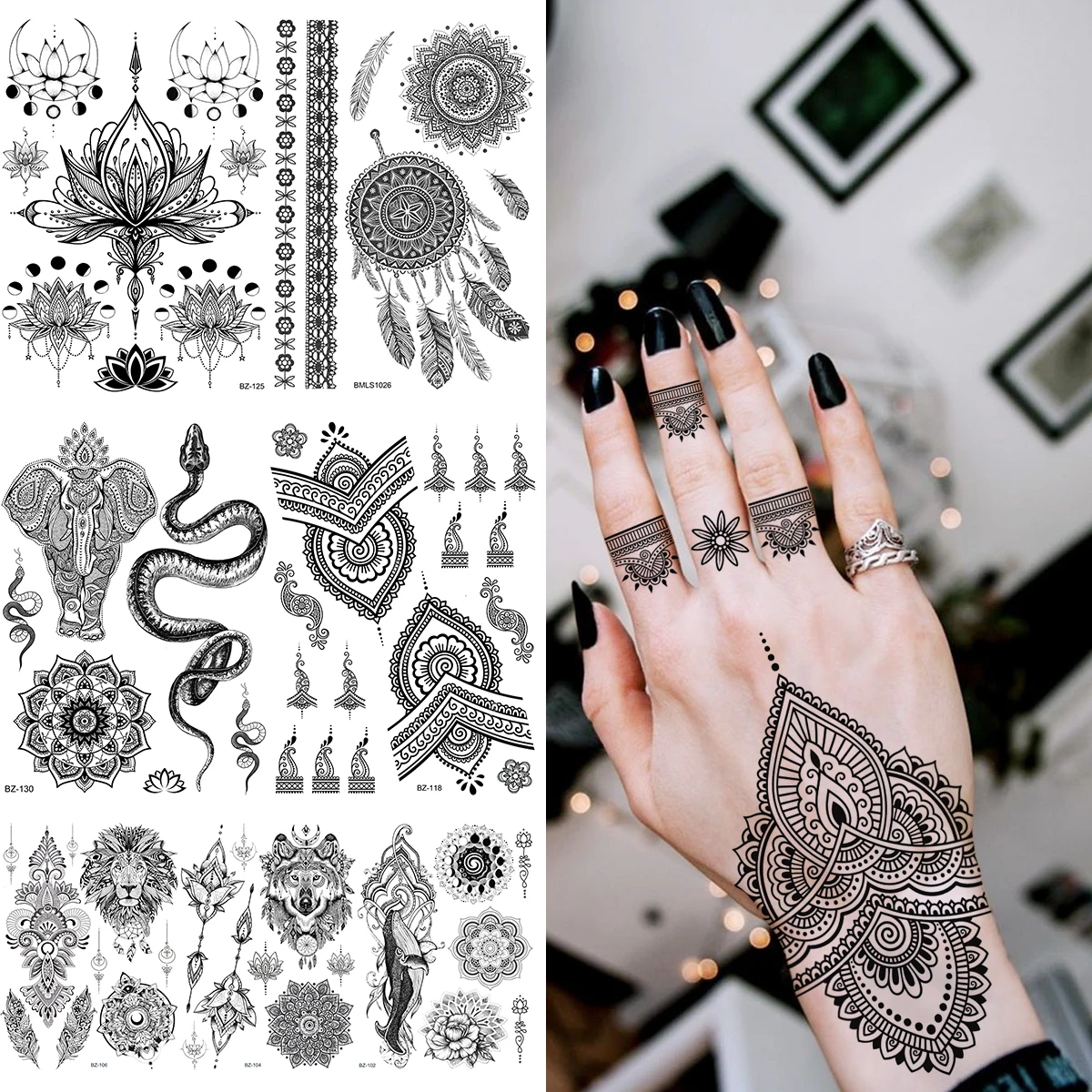 Black Henna Temporary Tattoos For Women Adult Realistic Snake Elephant Lion Snake Feather Fake Tattoo Sticker Tatoos Elephant