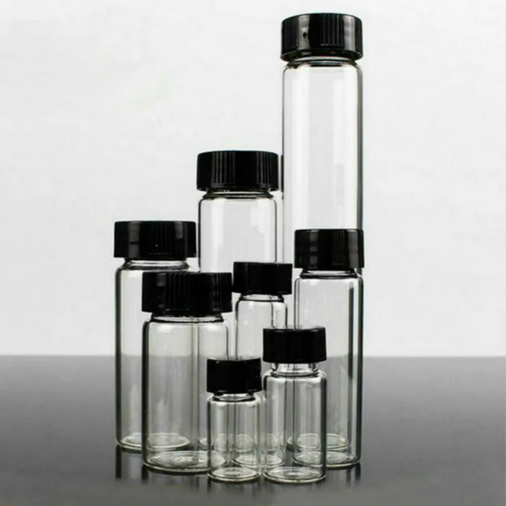 20pcs/pack 3ml 5ml 10ml 15ml 20ml 30ml 40ml 50ml (Clear/ brown) Glass Seal Bottle Reagent Sample Vials Plastic Lid Screw Cap