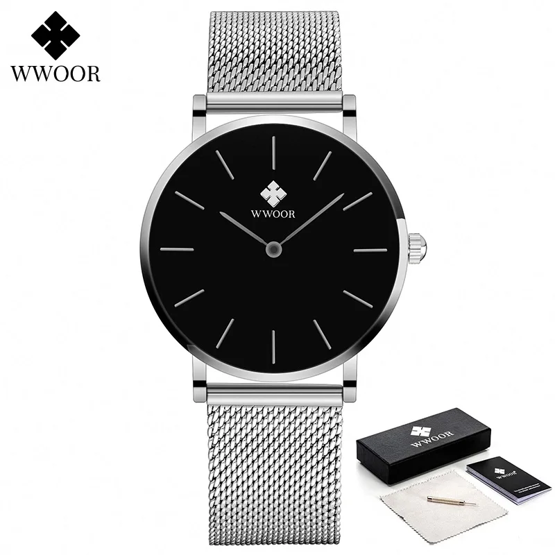 WWOOR New Womens Fashion Simple Watch Ladies Slim Silver Black Dress Watch Steel Mesh Sports Waterproof Wristwatches Reloj Mujer