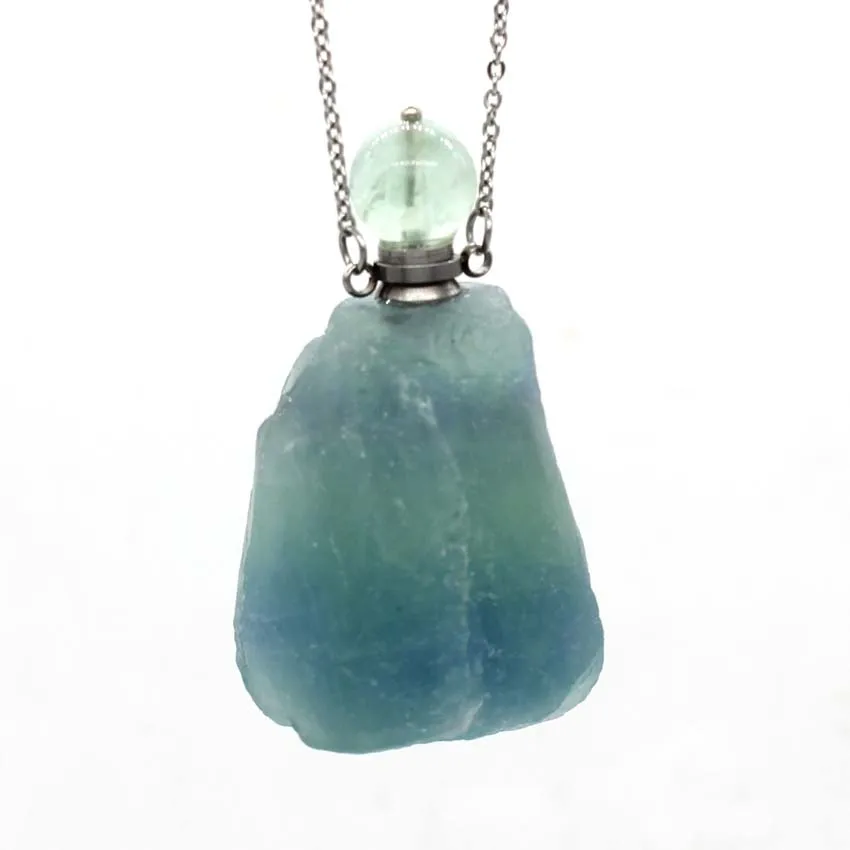 

Different Size Stone Perfume Bottle Pendant Necklace For Women Natural Irregular Rough Fluorite Diffuser Stainless Steel Chain