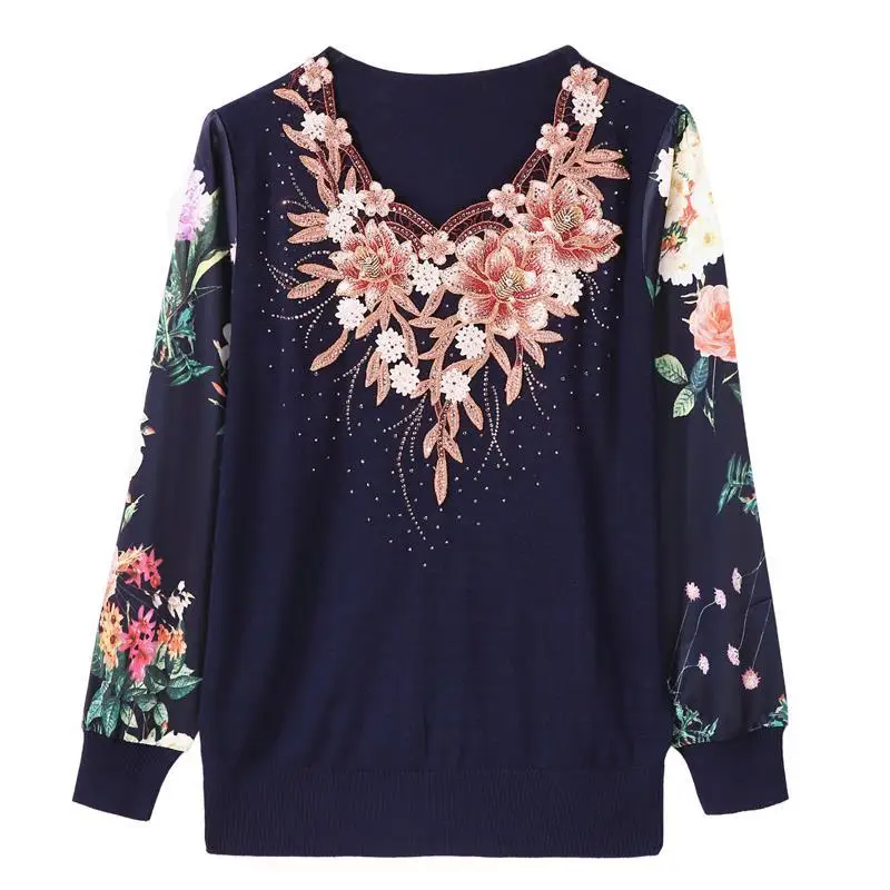 Middle-aged Elderly Women\'s Spring Thin Knitted Tops High Quality Embroidery Pullover Splicing Chiffon Sleeve Mother Jumper 5XL