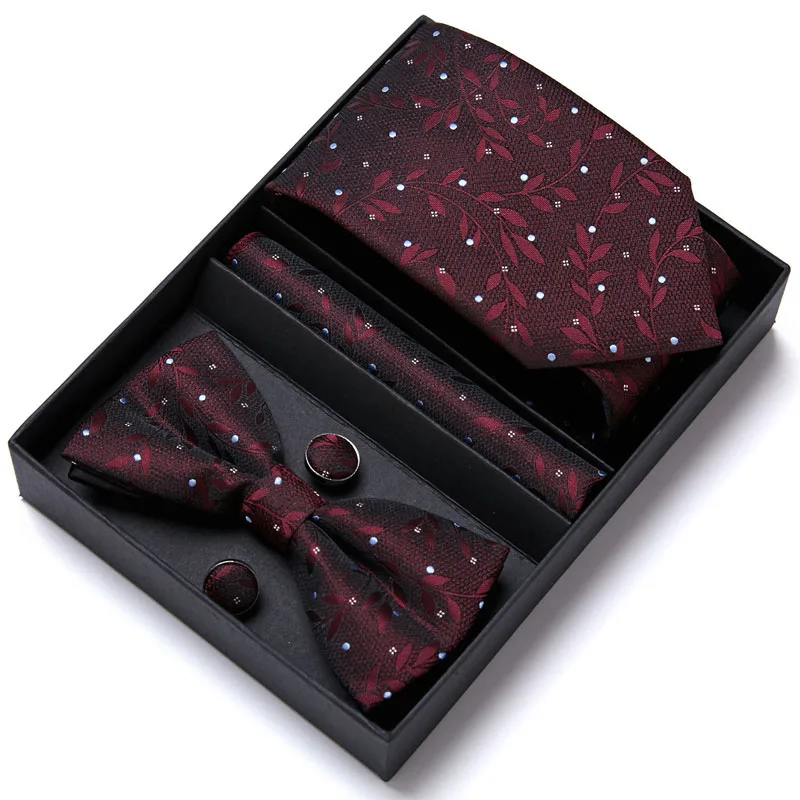 Formal Dress Tuxedo NeckTie Handkerchief Men\'s  Bow Tie Set Silk Striped Party Groom Wedding Butterfly Bowtie In Box