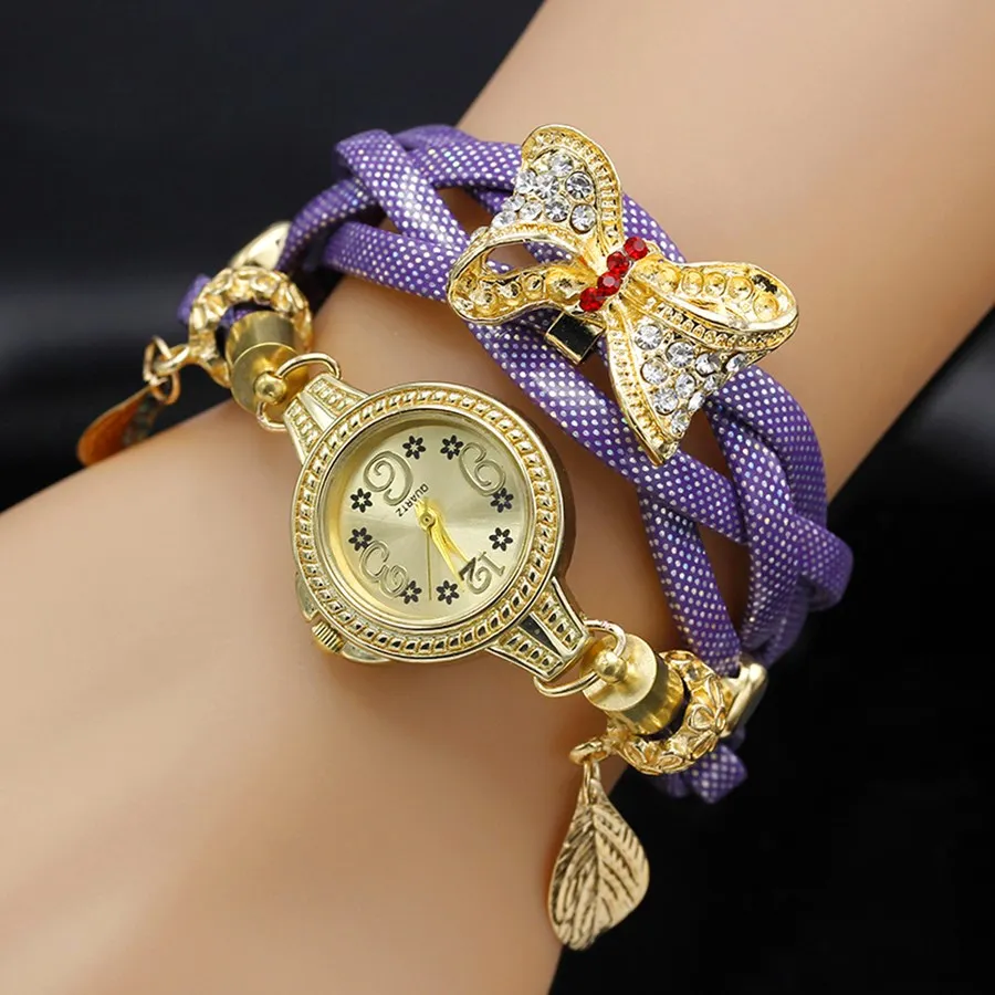 Shsby Fashion Women Rhinestone Watches Ladies Weave Rope Strap Howknot Alloy Bracelet Quartz Wristwatch Women Gold Dress Watches