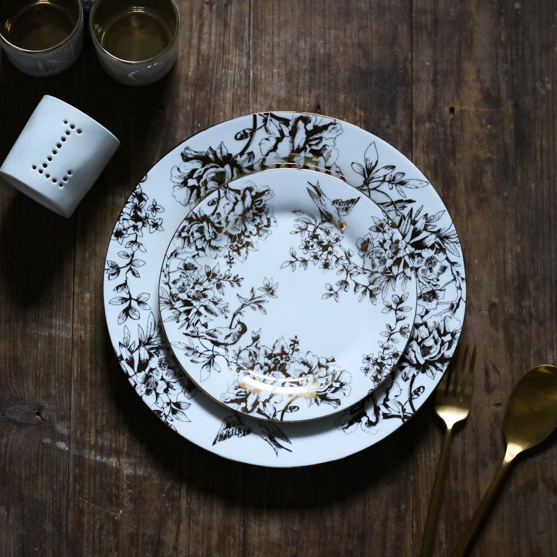 American Ceramic gold-plated branch leaf bird dinner plate / 10 inch 27cm plate / luxury gold plate