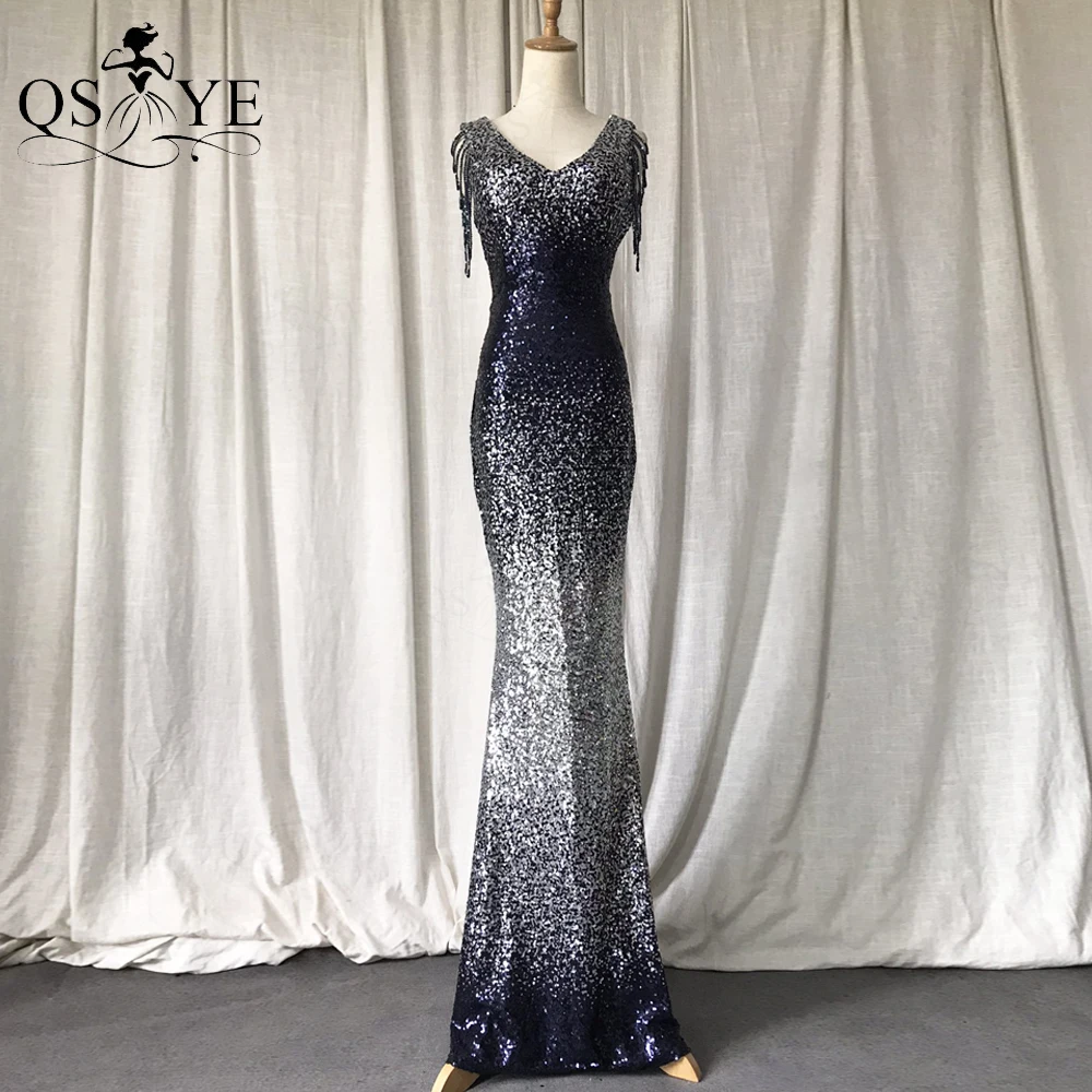 

Mixed Navy Silver Evening Dresses Fading Mermaid Evening Gown Glitter Sexy V Neck Party Dress Sequin Elegant Formal Prom Dress