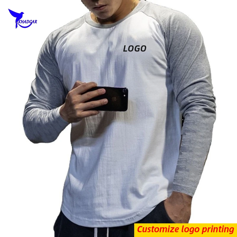 2021 Custom LOGO Running T-Shirts Men O-neck Patchwork Cotton Shirt Summer Raglan Long Sleeve Retro Gym Fitness Tops Sportswear