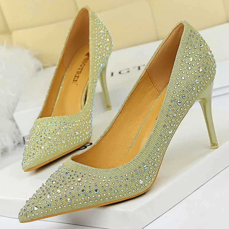 2023 Elegant Women Glitter Crystal Thin High Heels Bride Pumps White Silver Pink Tacones Heels Cinderella Wedding Shoes Big Size