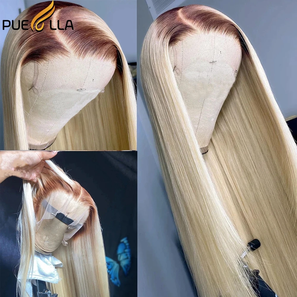 

4T613 Straight HD Lace Front Human Hair Wig Preplucked Glueless Ombre Honey Blonde Colored Brazilian 13X4 Frontal Wigs For Women