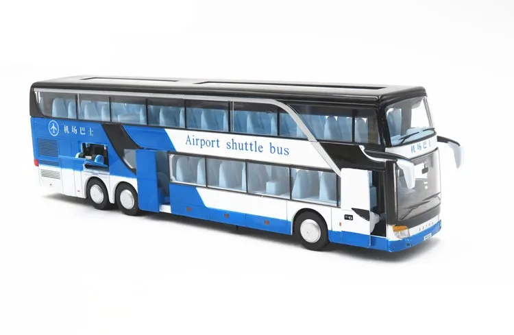 Autocarro de dois andares modelo de simulação, venda quente 1:50 modelo liga ônibus de viagem, som e luz puxar para trás brinquedos das crianças, frete grátis