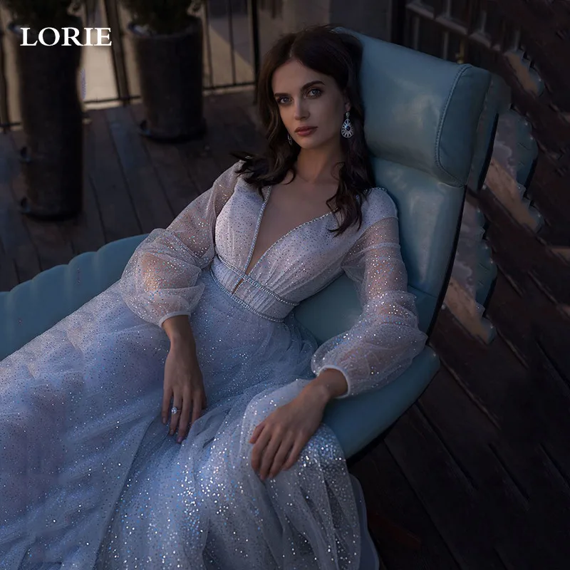 LORIE Vestido De Novia De línea a con purpurina brillante, manga abullonada, tul, bohemio, elegante, cuello en V