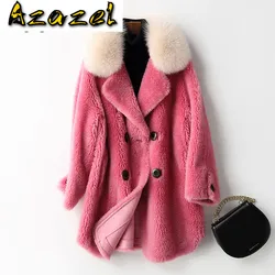 Giacca in vera lana con collo in pelliccia di volpe autunno inverno cappotto abbigliamento 2020 coreano Vintage pecora Shearling donna top ZT3626