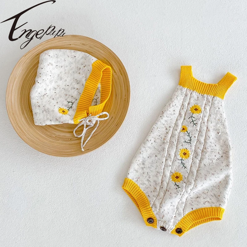 Engepapa Infant Baby Girls Sleeveless Romper Sunflower Embroidered Spring Autumn Toddler Baby Girl Knitting Clothes 0-3Yrs