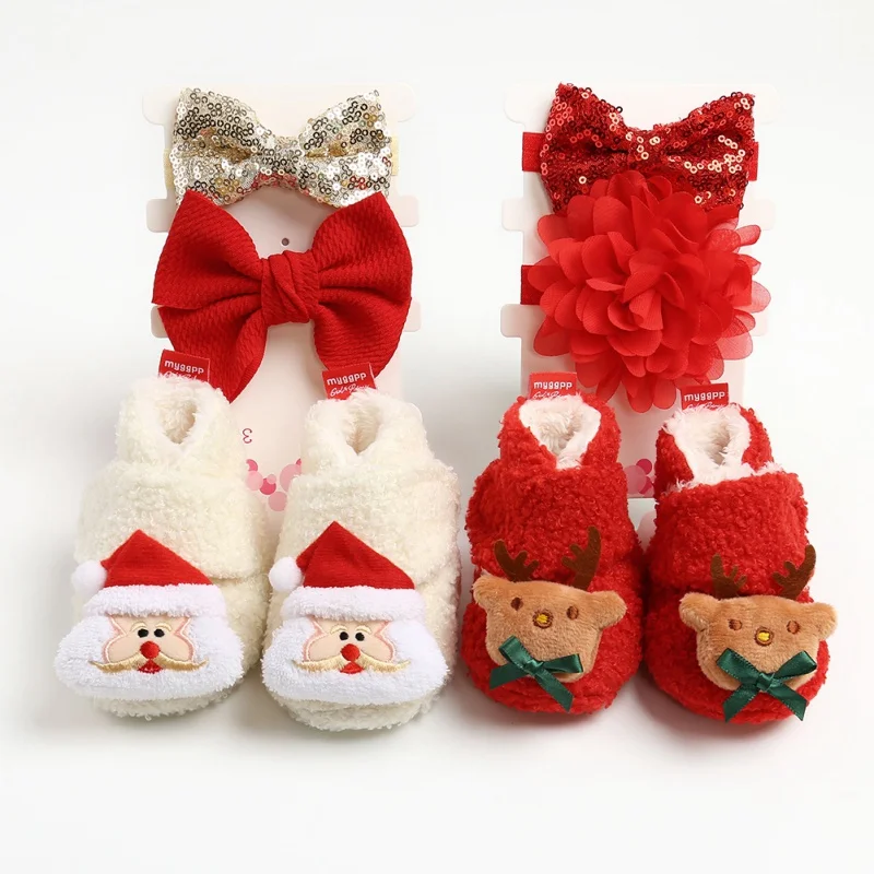 

2020 Christmas Baby Shoes Baby Boys Girls Winter Warm Santa Claus First Walkers Cute Baby Boots with two pairs socks/head band