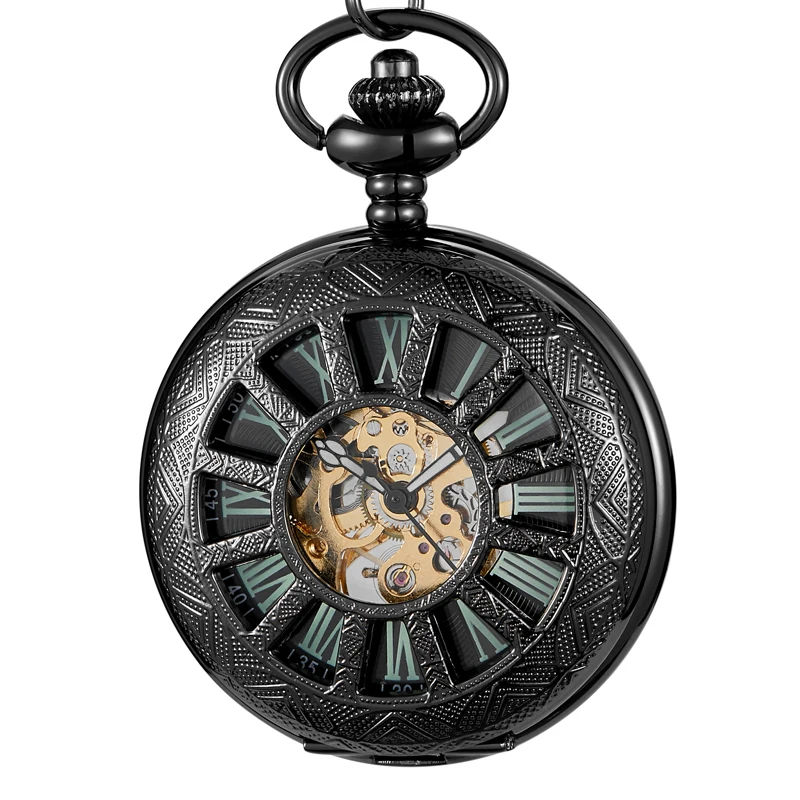 Lichtgevende Bloem Mechanische Vintage Hollow Skeleton Zakhorloge Zwarte Ronde Wijzerplaat Antieke Hanger Klok Retro Geschenken Mannen Vrouwen