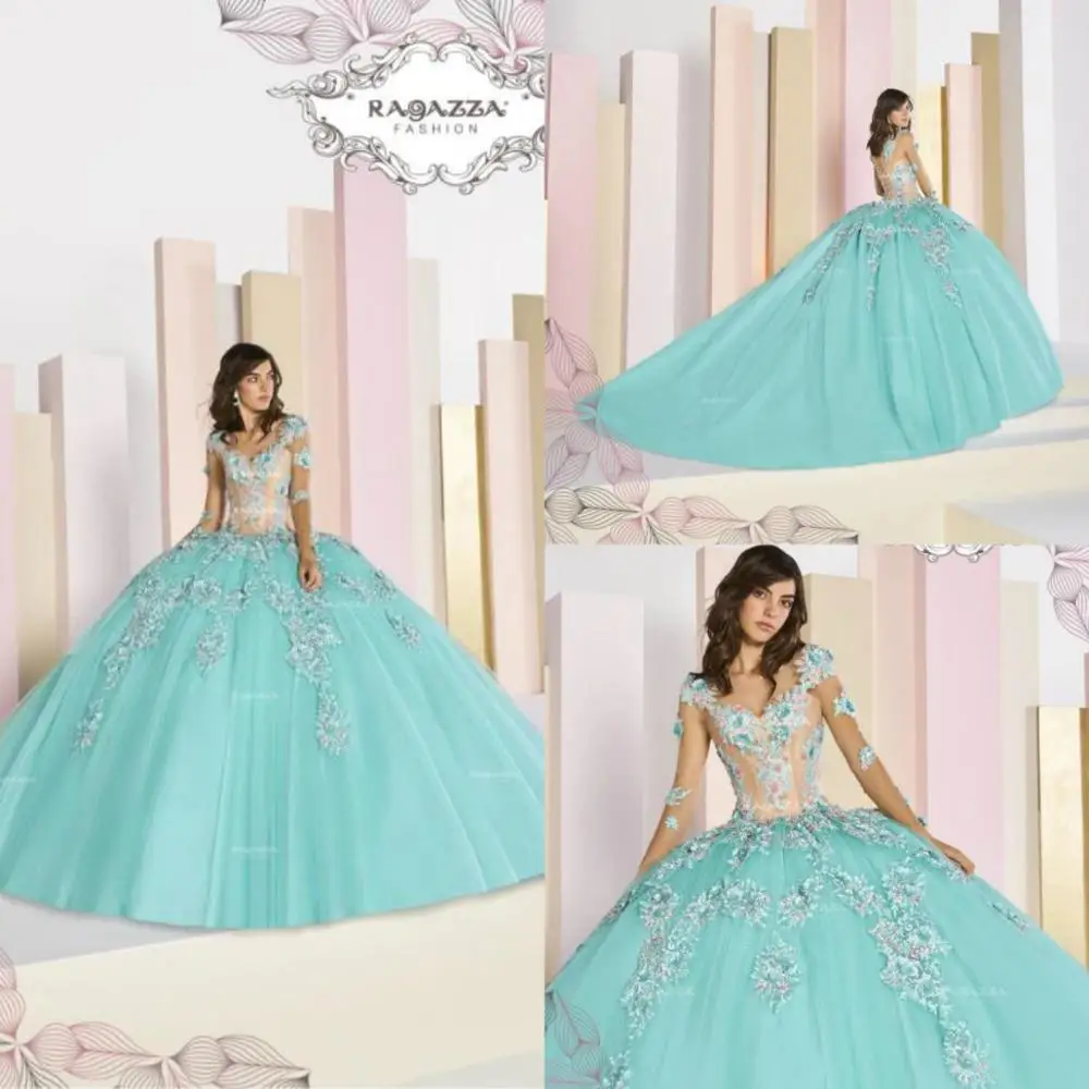 2020 luz azul vestido de baile masquerade quinceanera vestidos v pescoço rendas apliques trem varredura manga longa doce 16 vestidos de concurso