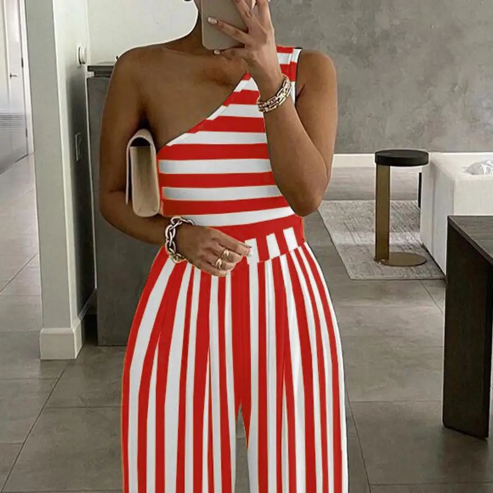 2022 Women Waist Tied Jumpsuit Stripes Print Single Shoulder Slash Neck Wide Leg Loose Jumpsuit Rompers Bodysuit боди женское