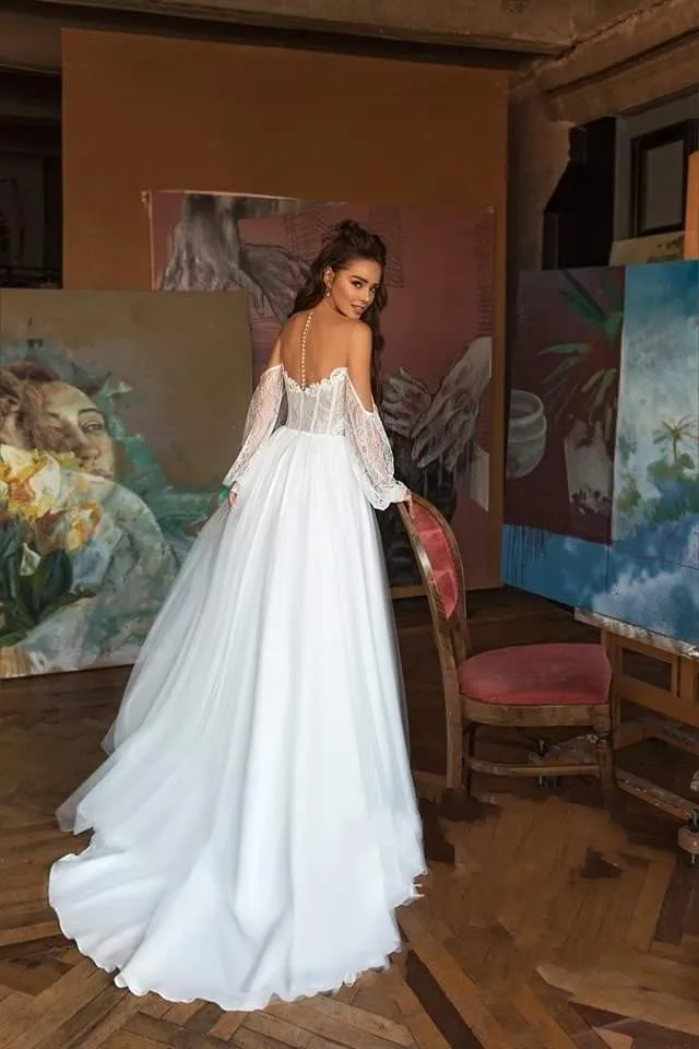 Elegant Bohemia Lace Beach Wedding Dress 2024 Long Sleeve Off The Shoulder Boho Wedding Bridal Gowns Robe De Mariee image 4