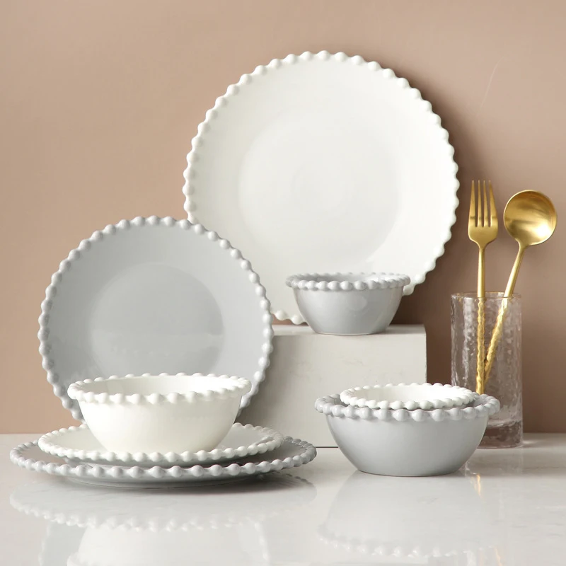 Dinnerware Set, Nordic Creative, Pearl-Rim Plate, Steak Flat Tray, Dessert Plate, Salad Bowl, Beaded Tableware, Round Shape