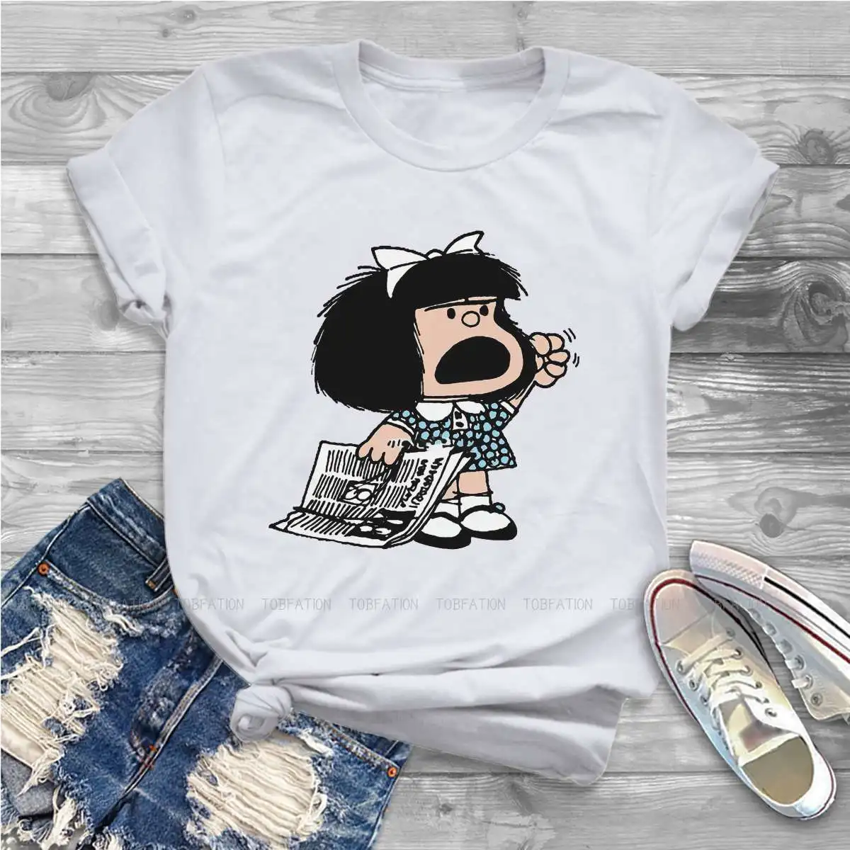 Angry with Newspaper Women Tshirts Mafalda Quino Comics Manga Girl Grunge Vintage Female Clothing Cotton Graphic Streetwear