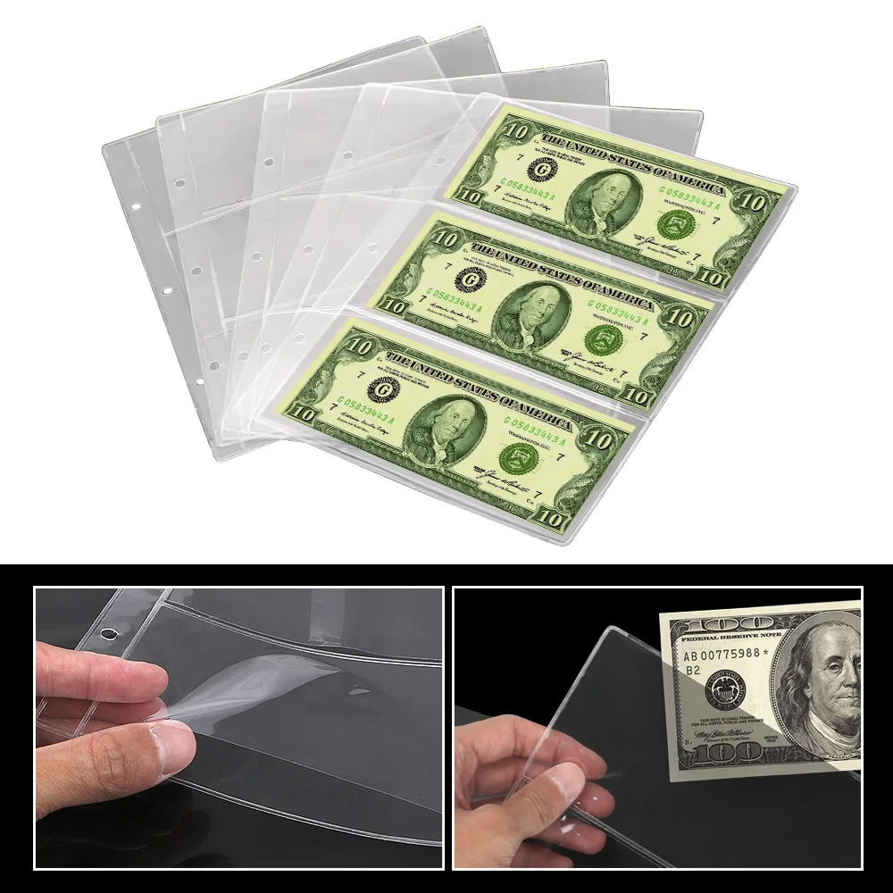 For Collector 3-Slot Paper Money Protective Bag Portable Loose Leaf Sheet Banknotes Holder Paper Money Collection Album