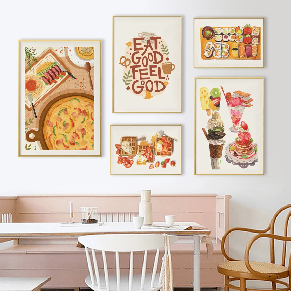 

Food Temptation Wall Art Canvas Painting Pizza Sushi Waffles Bread Picture Nordic Poster For Modern Kitchen DiningroomHome Decor