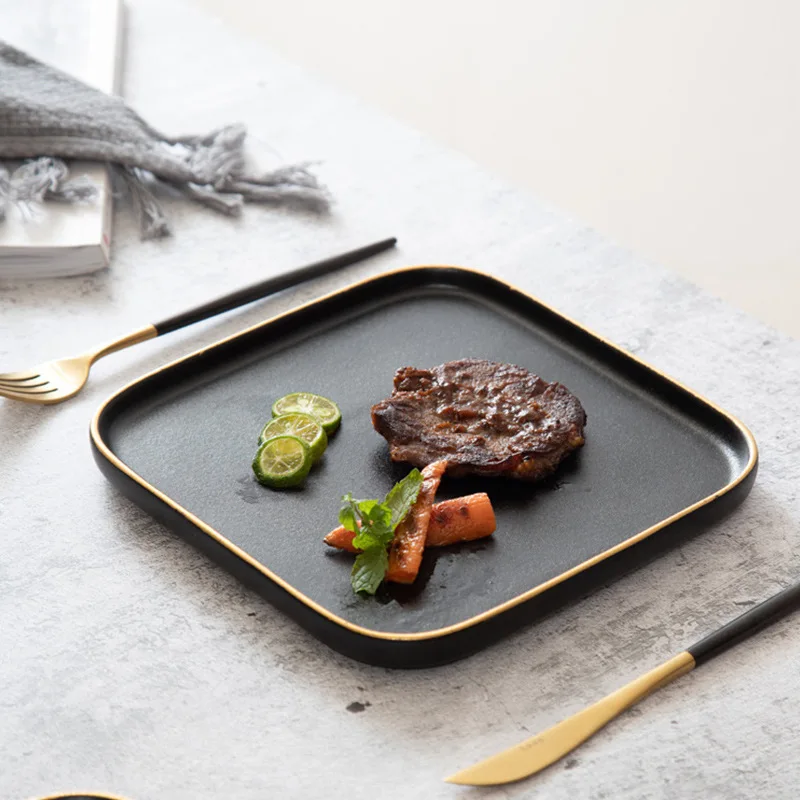 

Nordic black frosted square steak plate ceramic creative Western food household dish tableware