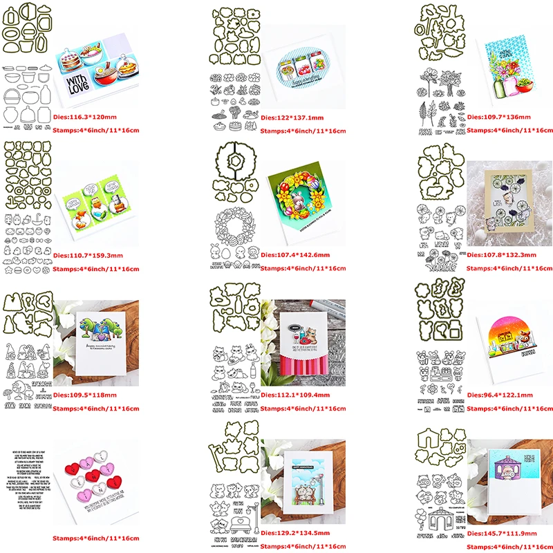 Dies and Stamps Set Little Cat Fox Bear Rabbit Piggy Sheep Bee Gnome Cake Hamburger Snack Fruit Candy Can Bush Wreath 2021