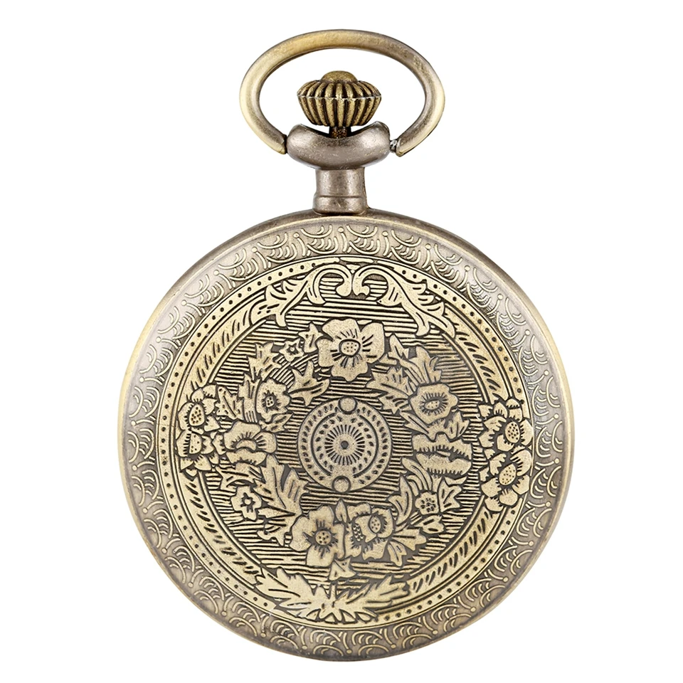 No Cover Design Quartz Pocket Watches Roman Numerals Bronze Floral Rattan Back Case Necklace Retro Chain Watch for Men Women