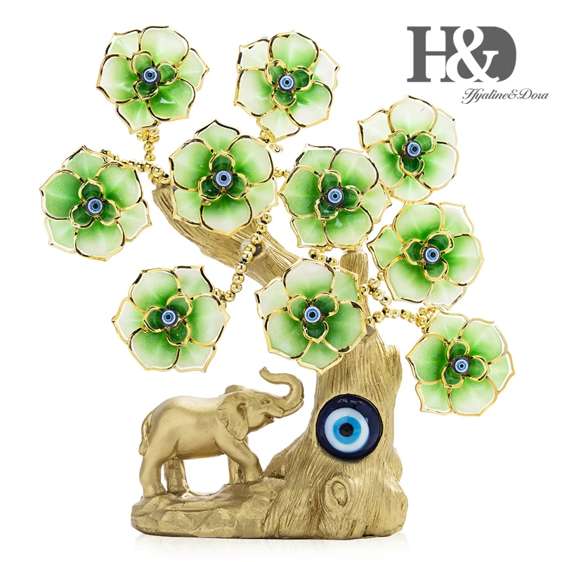 

H&D Green Flower Elephant Tree Turkish Feng Shui Evil Eye Tree for Protection Wealth Good Luck Gift Home Decor Resin Figurine