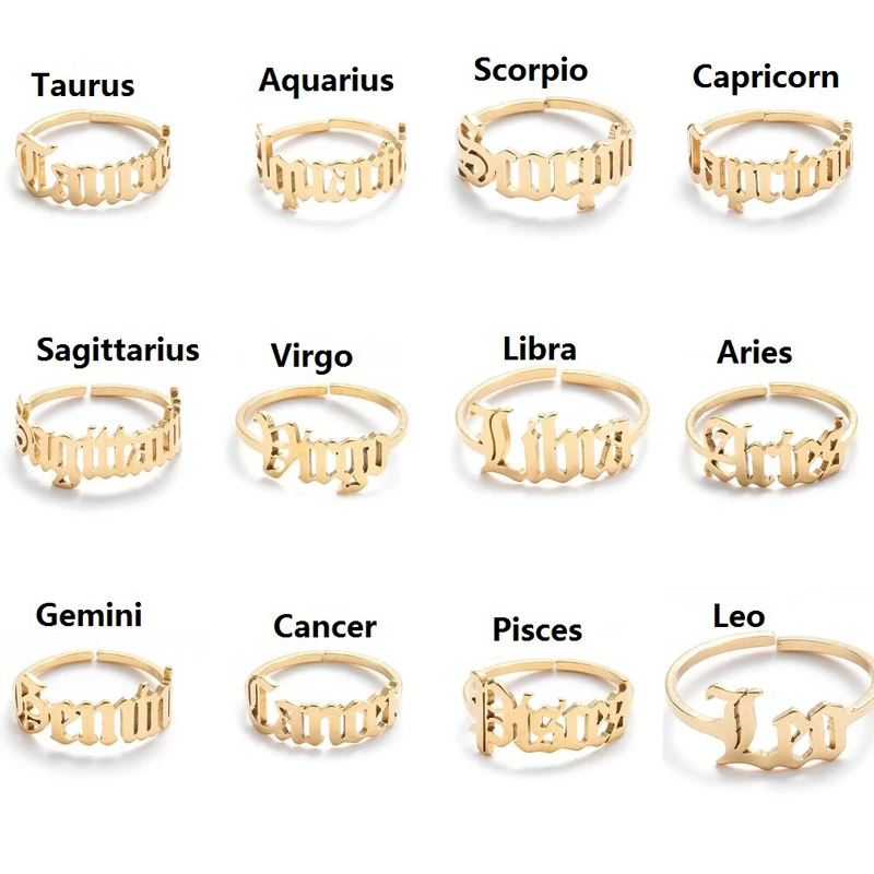 Adjustable 12 Constellation Opening Ring For Women Zodiac Sign Party Jewelry Aries Leo Gold Silver Color Stainless Steel Rings