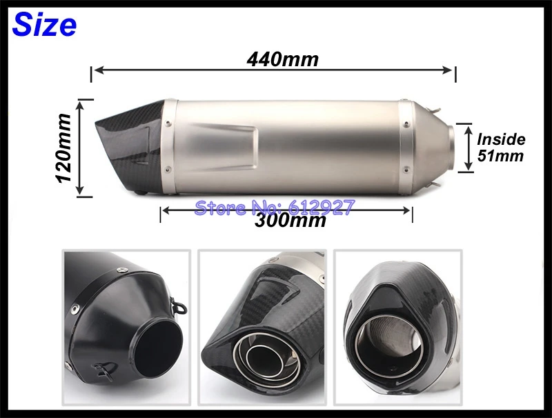 Inlet 51mm Motorcycle Exhaust Muffler Pipe Carbon Fiber Exhaust Escape Moto DB Killer Universal Length 440mm