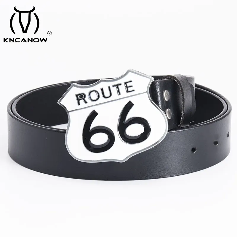 

Men Casual Waist Belts Route 66 Cowboy White Buckles Punk Style Wide Genuine Leather Belt Fashion Male High Quality Jeans Strap