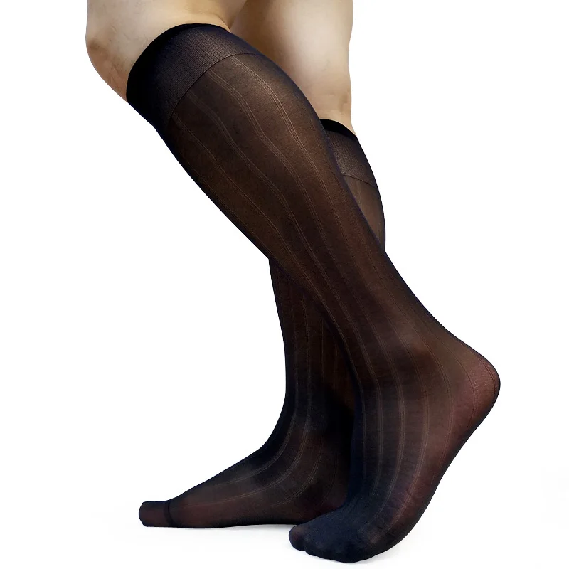 Calzini da uomo in nylon trasparente, a righe elastiche alte, trasparenti, trasparenti, sottili, sexy, per abiti formali, calze da uomo