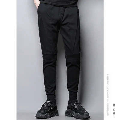 Dark cut stitching irregular design slim casual pants nine-minute chaps men's style Korean version of bound leg pants