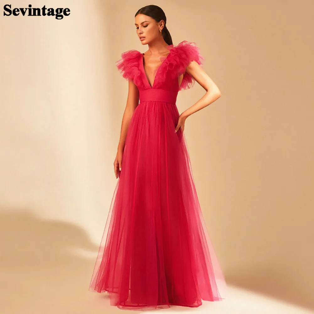Sevintage Simple Ruffles tiulowe suknie na studniówkę 2022 rękawy Cap V-neck formalne suknie na bal bez pleców, długa damska suknia wieczorowa