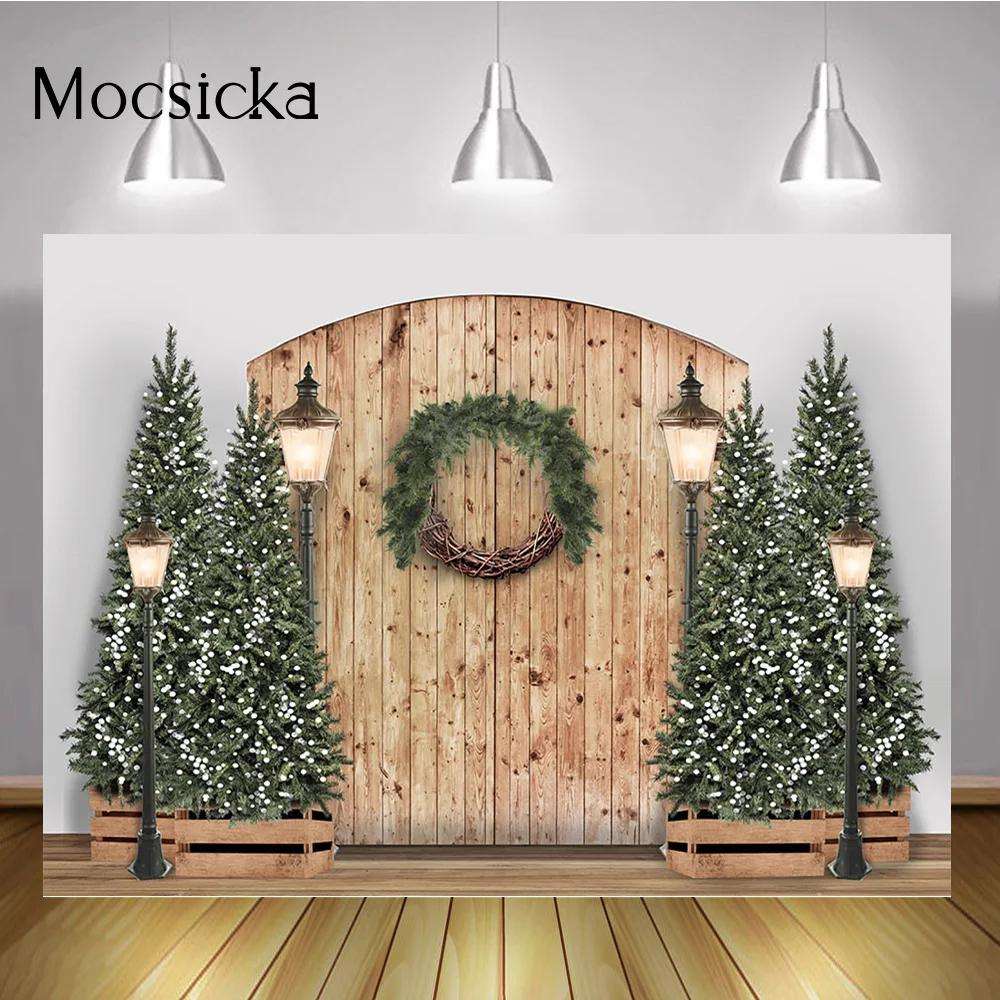 عيد الميلاد الرجعية ريفي الباب خلفية إكليل مصباح أشجار عيد الميلاد ديكور الحفلات الشتاء الأطفال عيد ميلاد خلفية استوديو الصور
