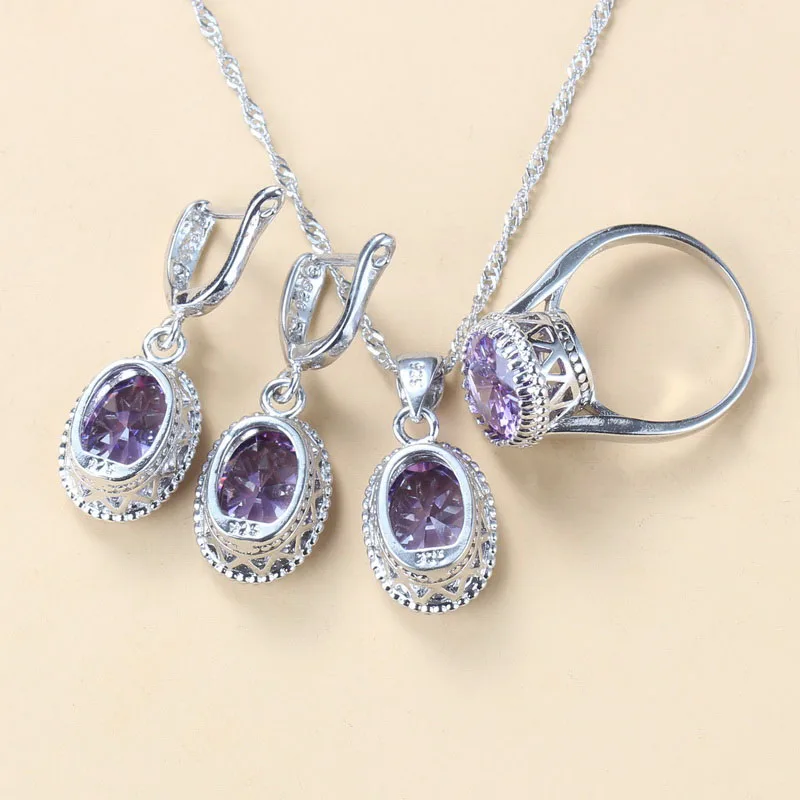 Wedding-Engagement 925 Silver Jewelry Sets AAA+ Quality Natural Crystal Bridal Costume 3-Piece Sets For Women 8-Colors Jewelry