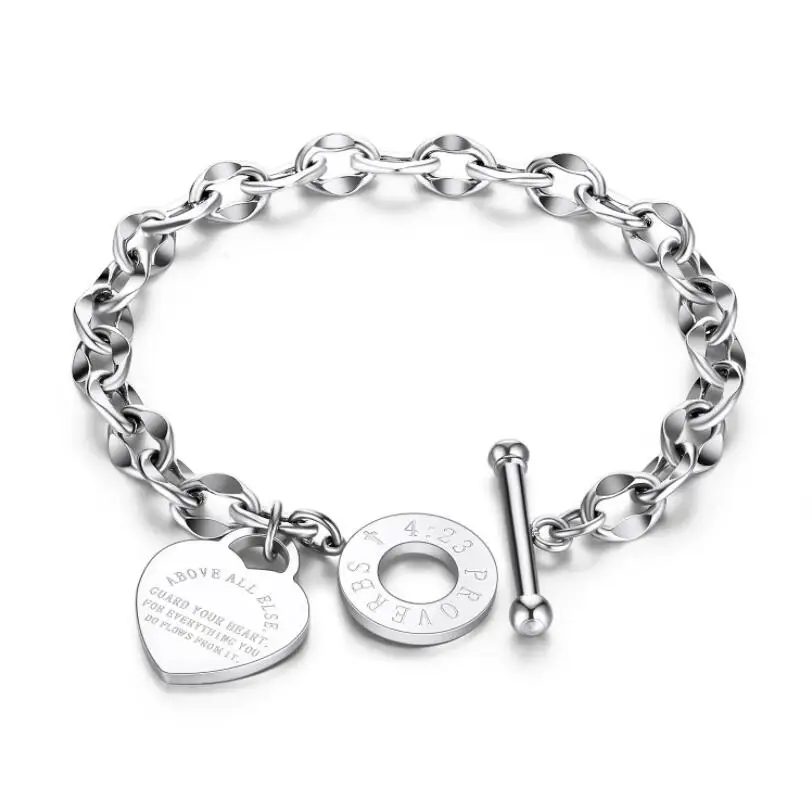 316L Stainless Steel Heart Letter Pendant Round OT Buckle Bracelets For Women Fashion Trend Fine Exquisite Jewelry Gift SAB584