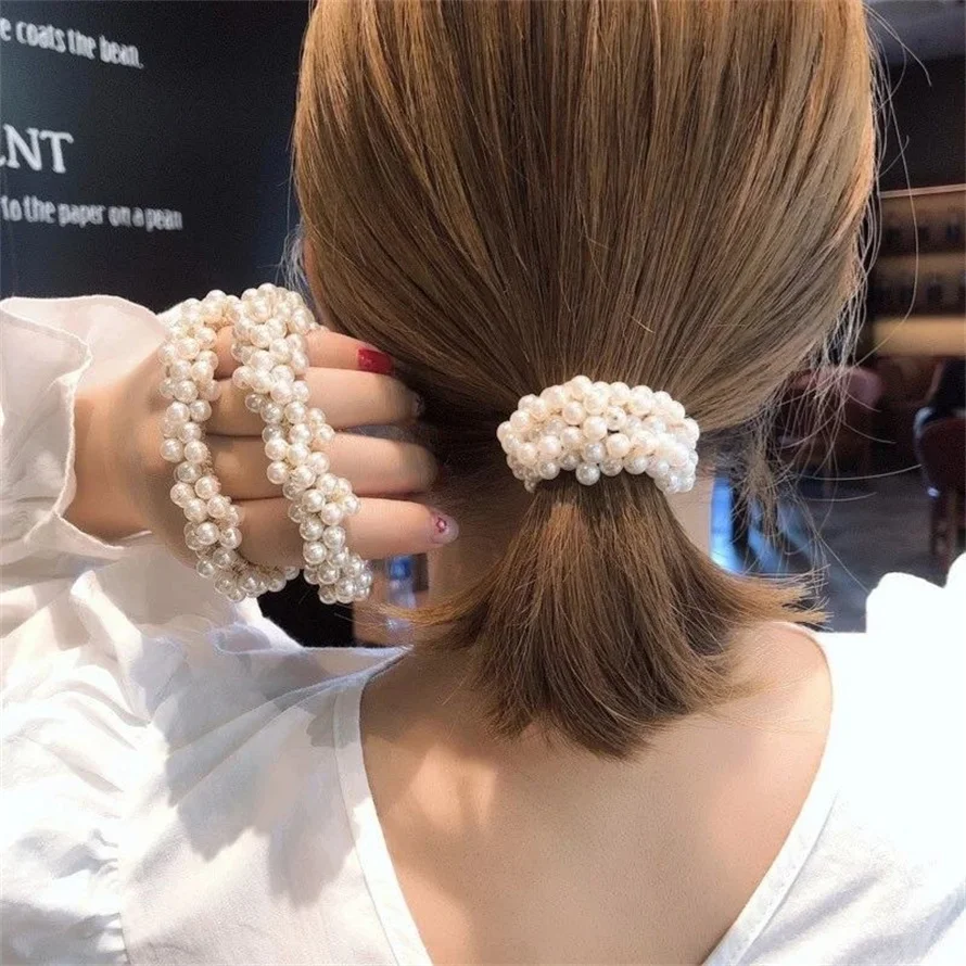 Donna elegante perla cravatte per capelli perline ragazze fiocco Scrunchies fasce per capelli in gomma supporti per coda di cavallo accessori per capelli fasce per capelli elastici