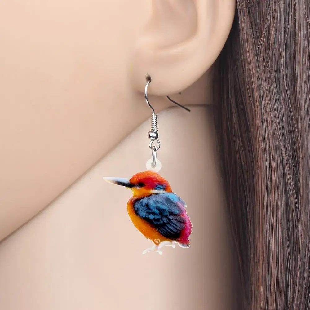 Bonsny Acrylic kingfisher Earrings Big Long Printing Bird Animal Dangle Drop Jewelry For Women Girls Teen Lover Party Decoration