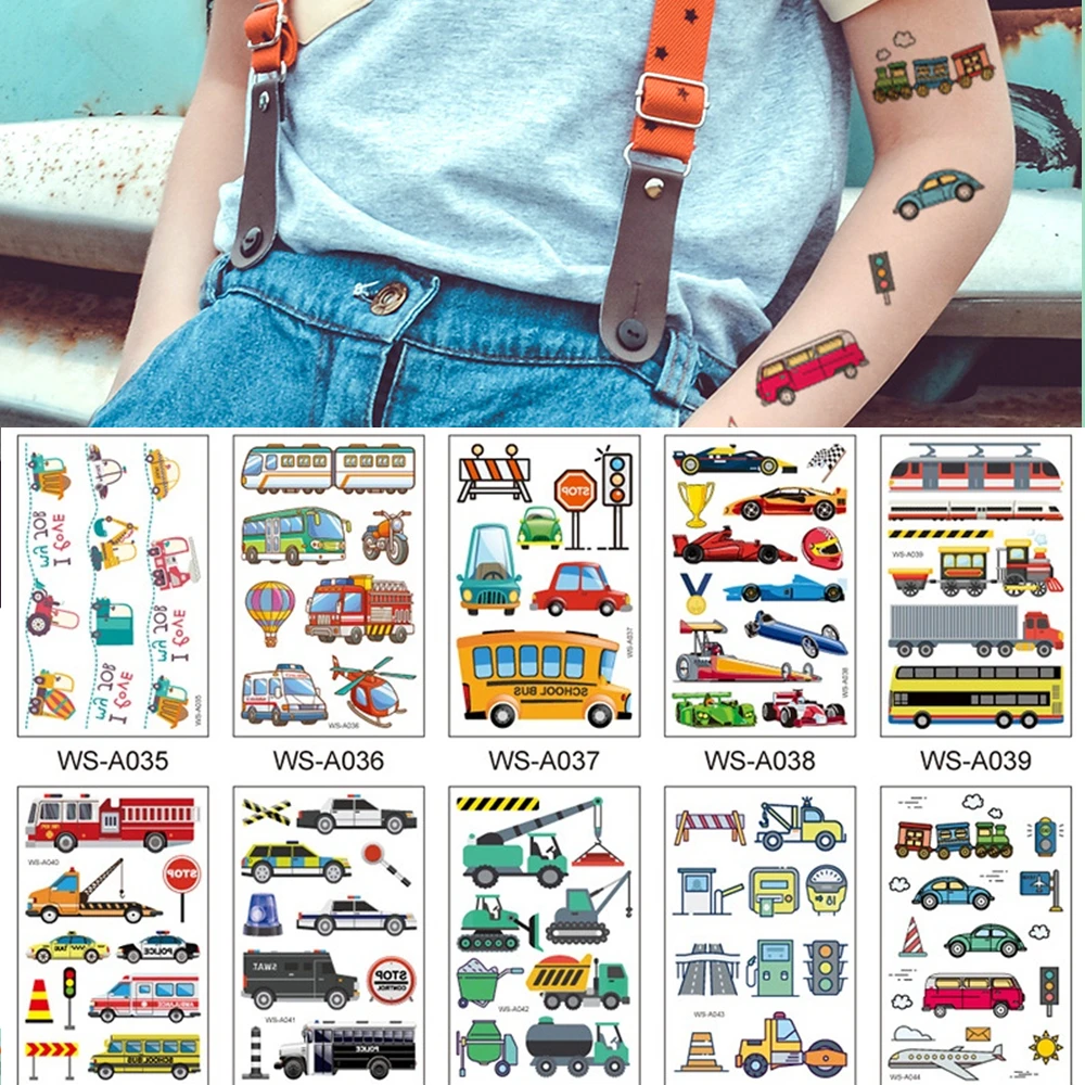 10 Kinds Cartoon Cars Tattoos Disposable Children Aircraft Vehicle Cognitive Stickers Waterproof Temporary Face Arm Makeup