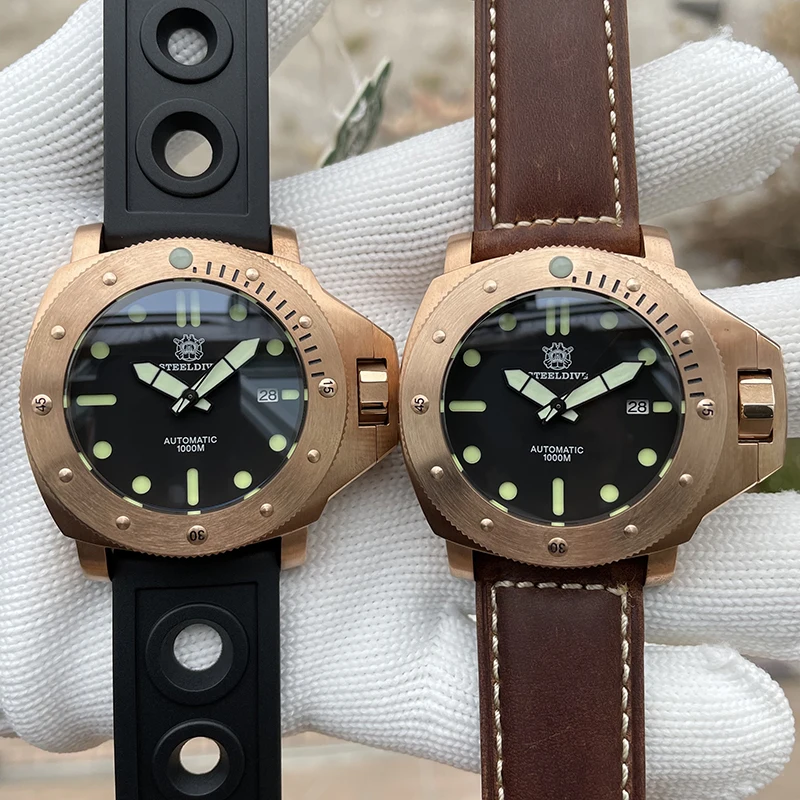 Steeldive Mens Diver Watches Male 47mm Bronze Automatic Wristwatch Military Dive 1000M Water Resistant C3 Luminous Sapphire NH35