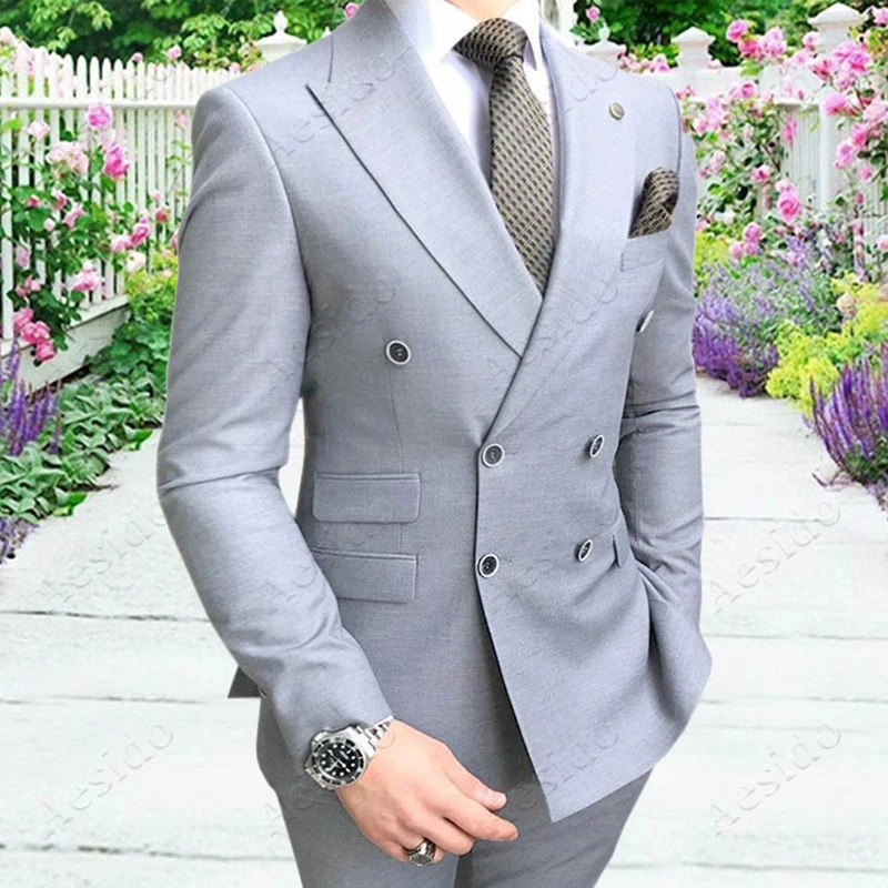 

Double Breasted Slim Fit Men Suits for Groomsmen 2 Piece Wedding Tuxedo with Peaked Lapel Gray Male Fashion Costume Jacket Pants