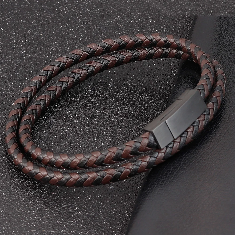 Fashion Unisex Multi-layer Woven Leather And Stainless Steel Combination Men\'s Leather Bracelet Black Brown Male Jewelry Gift