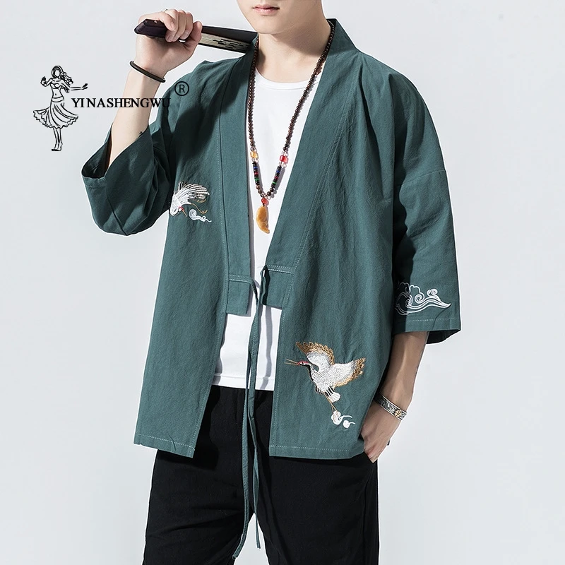 Kimono Cardigan Men Japanese Kimono Traditional Beach Thin Crane Embroidery Asian Clothes Yukata Male Samurai Casual Shirt Kimon