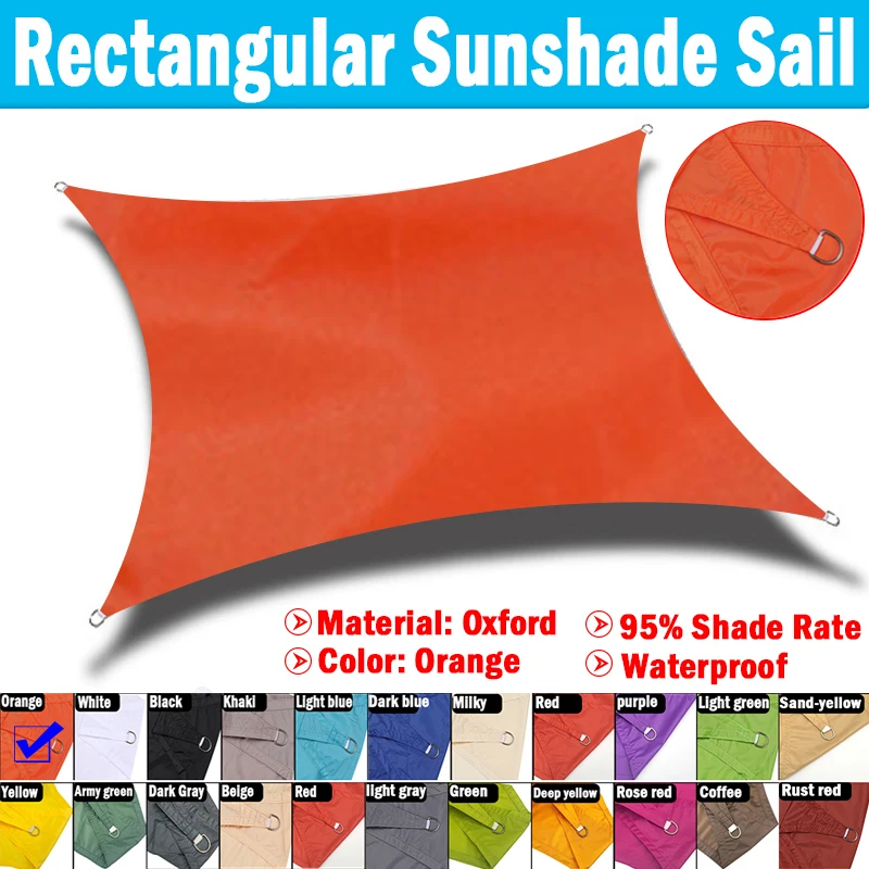 Orange Color Waterproof Polyester Square Rectangle Shade Sail Garden Terrace Canopy Swimming Pool Sun Shade Camping Awning Sails