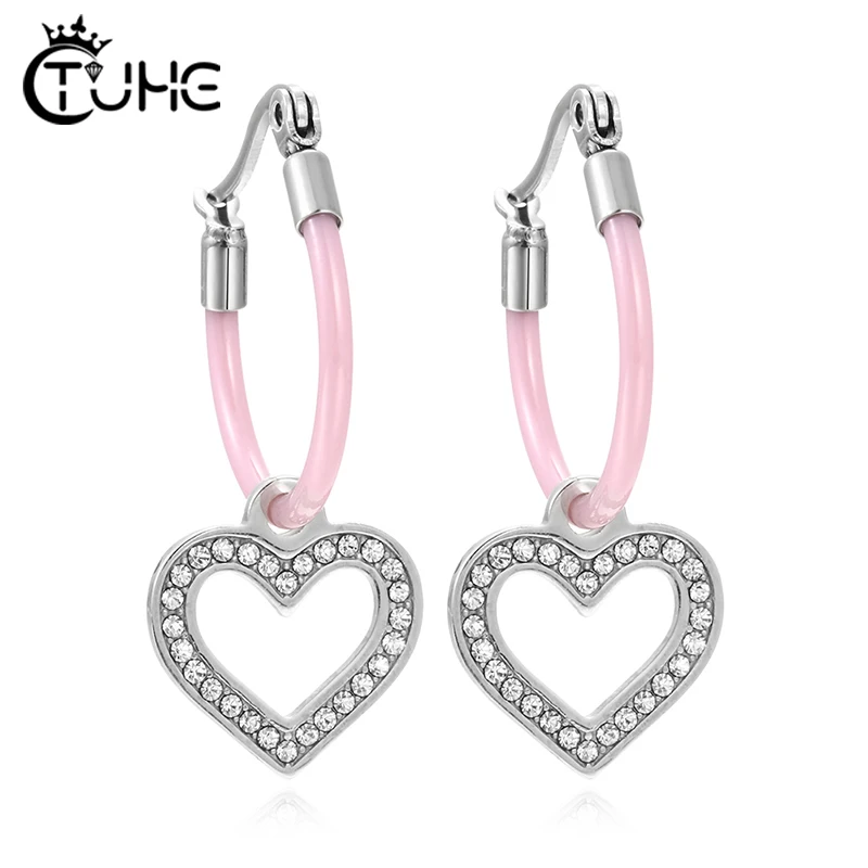 New Fashion Shiny Cubic Zircon Heart Round Cross Drop Earrings For Women Jewelry Anniversary Wedding Pink Ceramic Earring Gift