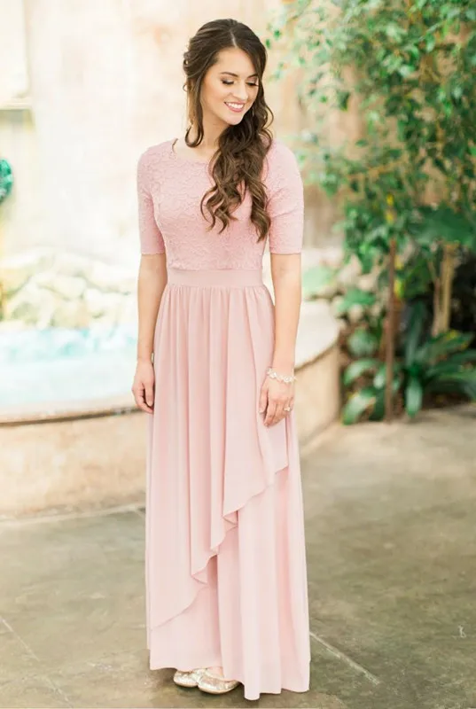 Rose Dusty Lace Chiffon Long Modest With Half Sleeves Country Wedding Bridesmaids Dresses Платья robe de soirée de mariage